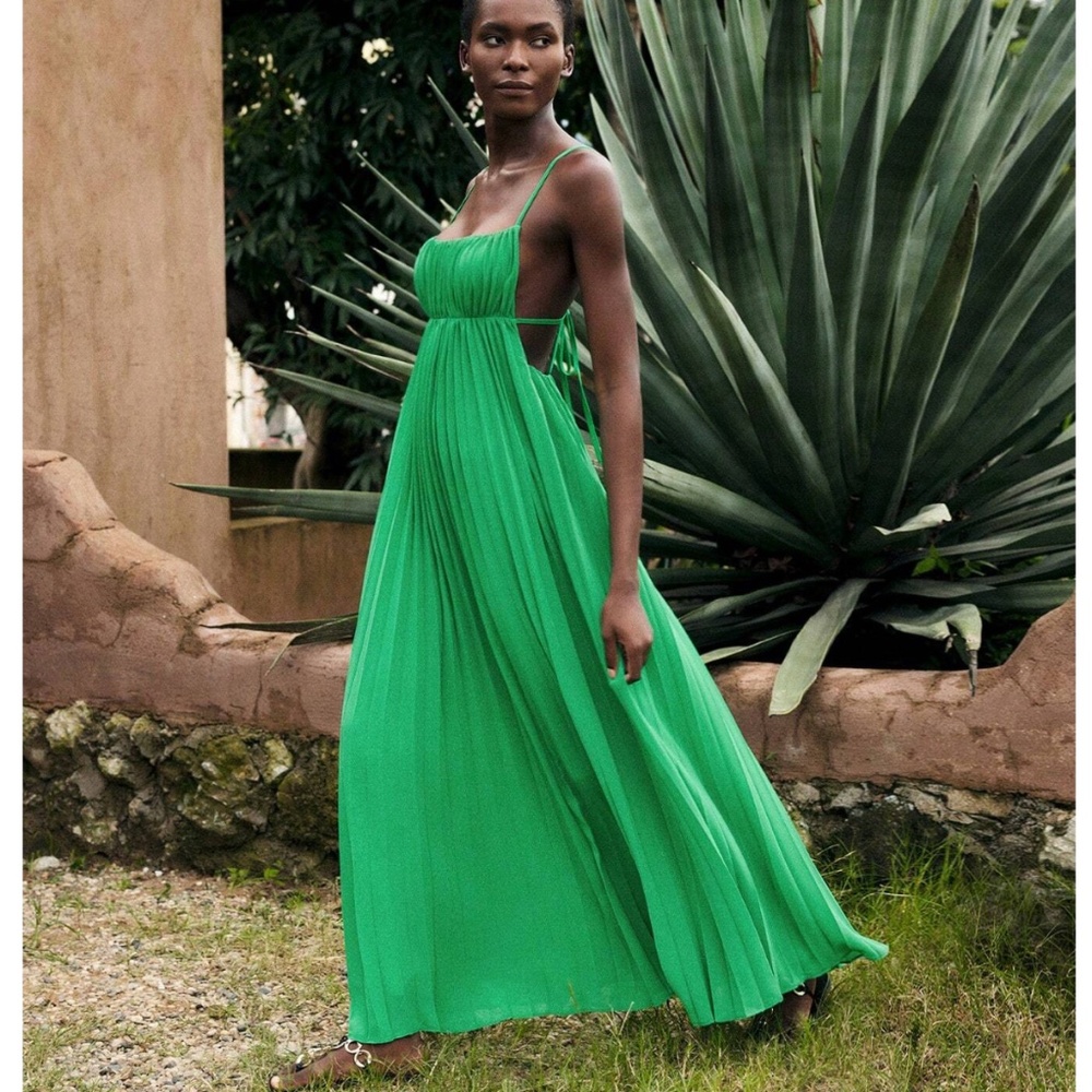 Green Pleated Maxi Dress Open Back Flowy Skirt Tie Straps